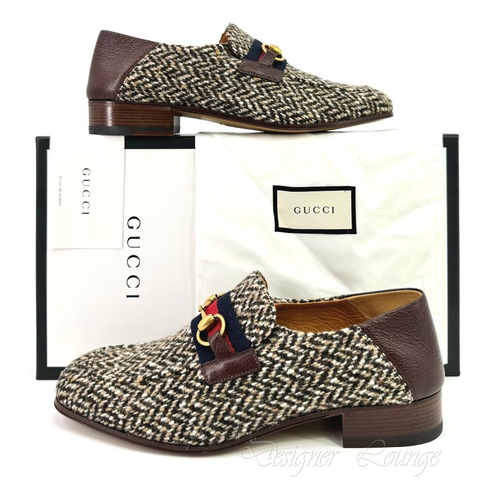 NEW GUCCI Horsebit Herringbone Tweed & Leather Loafers G 8 / US 8.5 Authentic - Picture 10 of 10